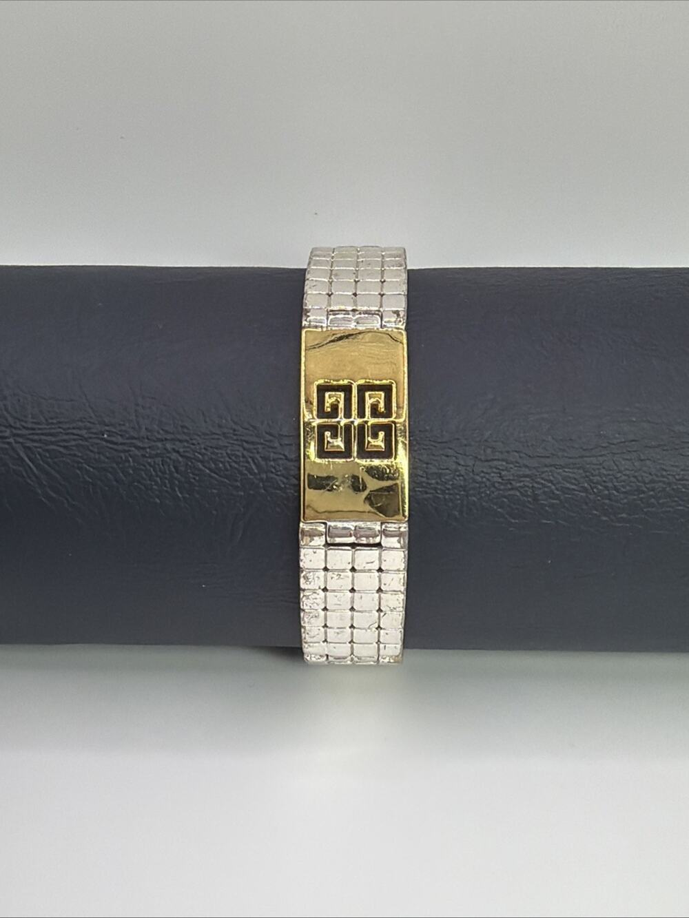 Vintage Givenchy Two Tone Wide Bar Link Bracelet 4G Logo Cutout Plaque Signed